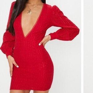 Red Puffed Sleeve Low Cut Mini Dress